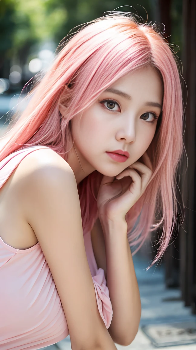 Highest quality, masterpiece, High resolution, One Girl, Super beautiful face, Very beautiful eyes, Very beautiful pink hair,Trendy clothes,Expose your shoulders