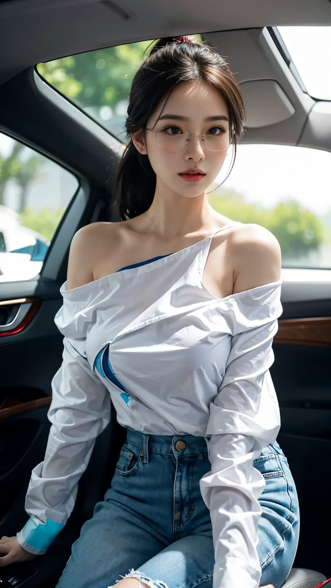 The viewing angle is inside the car，A woman with a perfect figure，No tops worn，Pants wearing a JK skirt，The legs are covered with white silk，Look out the car window，The environment outside the window is random，with fair skin