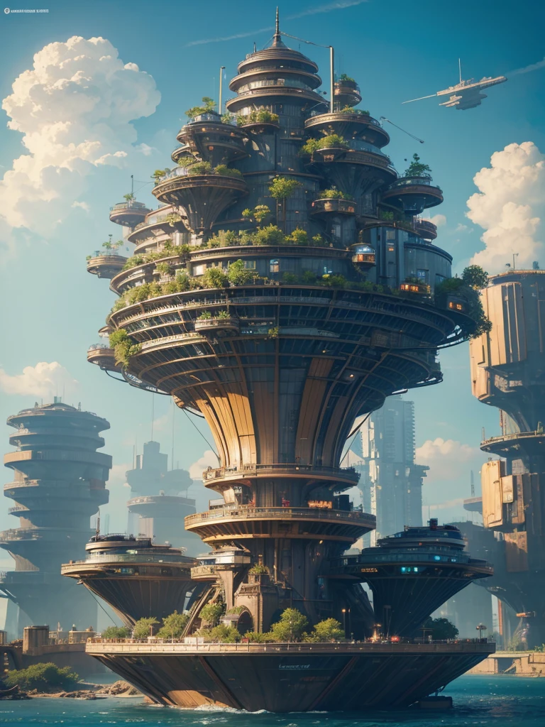 The Big Ship, floating in the sky, with many different buildings, solarpunk village, SolarPunk Architecture, sunny punk city, futuristic utopia in solar punk, inspired by Stéphane Martiniere, inspired by Stéphane Martiniere, Colorful sci-fi steampunk, Solarpunk utopia, giant impressive steampunk tower, concept art in steampunk style, fantasy architecture, solar punk metropolis
