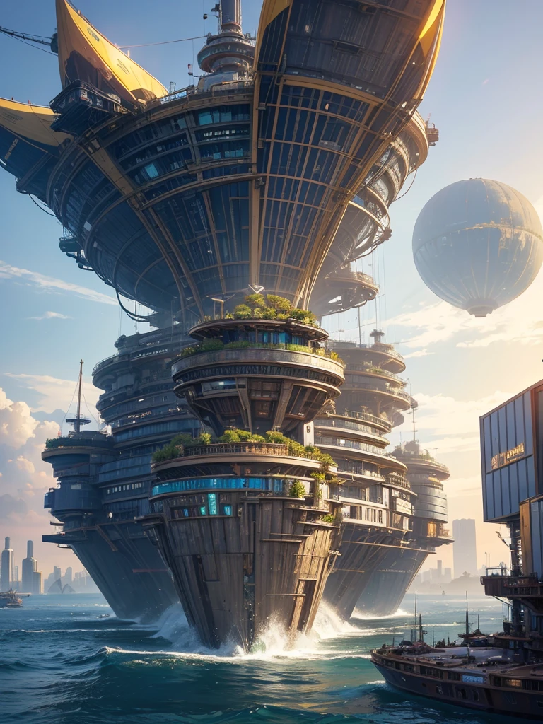 The Big Ship, floating in the sky, with many different buildings, solarpunk village, SolarPunk Architecture, sunny punk city, futuristic utopia in solar punk, inspired by Stéphane Martiniere, inspired by Stéphane Martiniere, Colorful sci-fi steampunk, Solarpunk utopia, giant impressive steampunk tower, concept art in steampunk style, fantasy architecture, solar punk metropolis