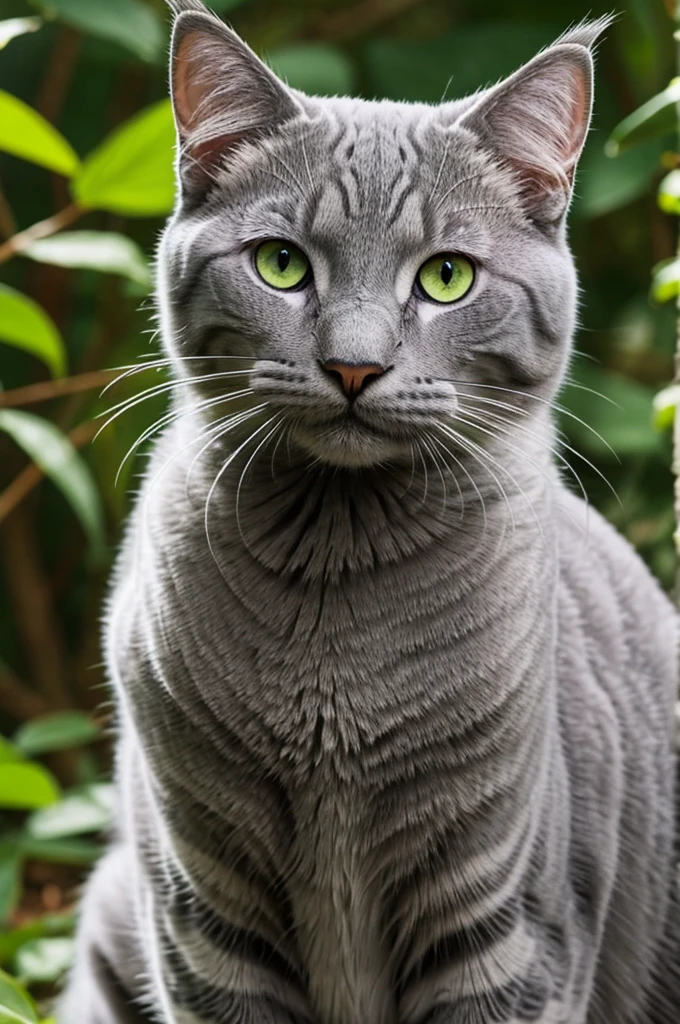 Cheerful gray cat,striped,with green eyes sits in a clearing,there is a butterfly on his nose