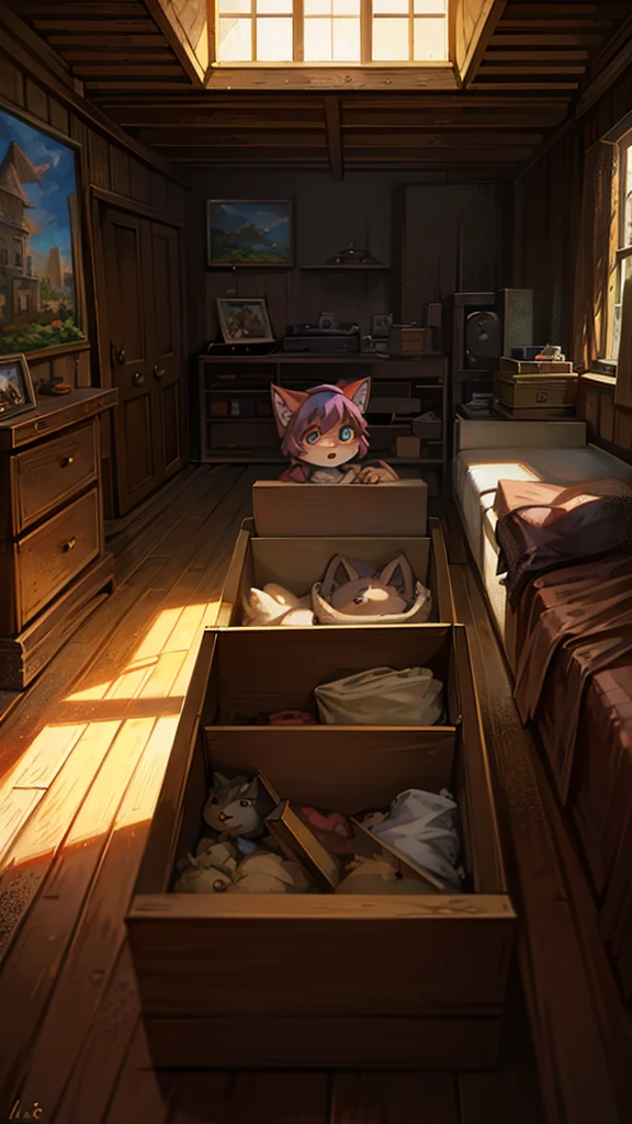 A cartoon style painting,The painting shows a kitten wearing a hat in the attic,Open an old box,There's a lot of cash in the box., Cat boy, Cute cat, Anthropomorphic cats, Hot topics on artstation pixiv, Full body high-grade white, High-quality anime art style, High resolution cargo, Anthropomorphic cats, High Quality Fan Art, Anthropomorphic cyberpunk kitten:tall and big, daytime,Bright environment