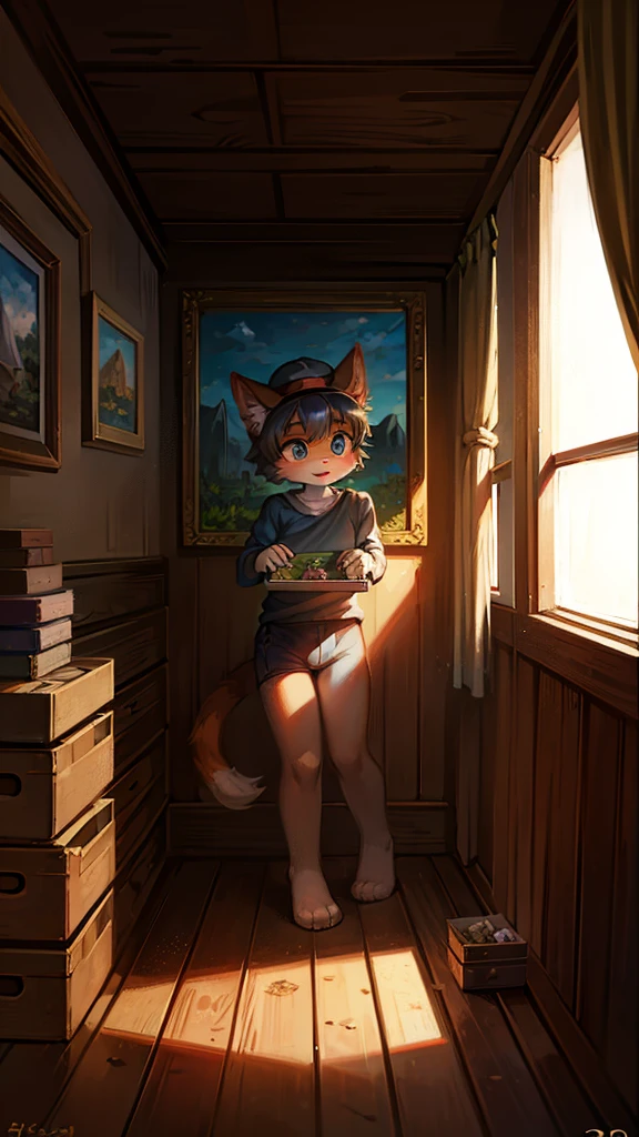 A cartoon style painting,The painting shows a kitten wearing a hat in the attic,Open an old box,There's a lot of cash in the box., Cat boy, Cute cat, Anthropomorphic cats, Hot topics on artstation pixiv, Full body high-grade white, High-quality anime art style, High resolution cargo, Anthropomorphic cats, High Quality Fan Art, Anthropomorphic cyberpunk kitten:tall and big, daytime,Bright environment