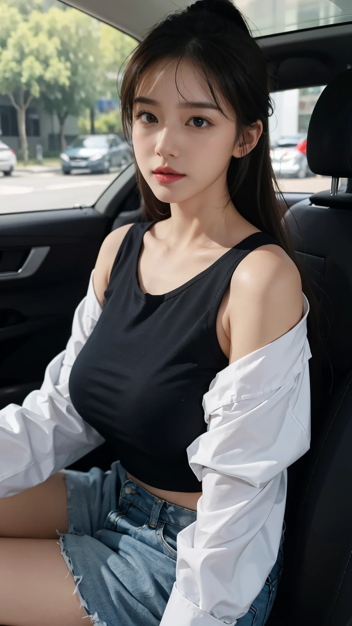 ((huge breasts 아래)), (Straight shoulder-length hair: 1.2), black hair,short ponytail，upper body, （very detailed CG 8k 벽지），（Incredibly stylish and beautiful.），（masterpiece），（best quality：1.0），（초high resolution：1.0），A beautiful light came in，Perfect 번개，Realistic Shading，[high resolution]，smooth, Perfect, fair skin，Very exquisite facial details，（Perfect 몸：1.1），very detailed，Beautiful girl，small head，(huge breasts:1.1)，attractive collarbone，Towering box，divided，chubby body type，big ass，thick thighs，thick arms，laugh，jollity，（white collar long sleeve shirt:1.1），（blue shorts：1.1），white sneakers，summer，morning，Sitting in a spacious private car，Female drivers，chest of steering wheel，Driving a car，wearing glasses, expect，enlargement，