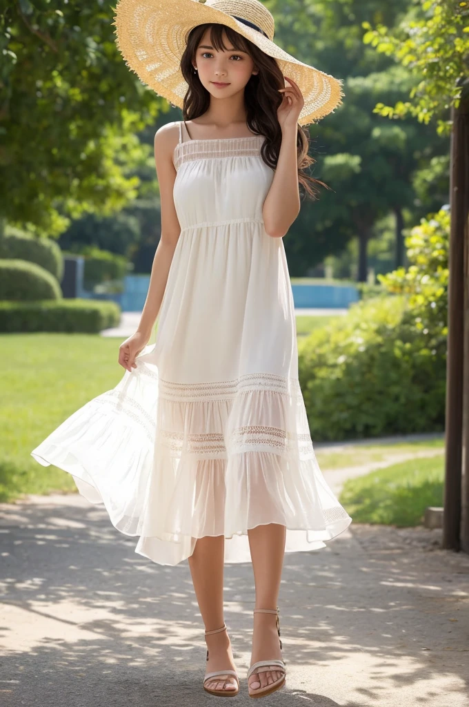Write a design sketch。8．5 lifespan。A woman wearing an ankle-length dress、The dress flutters in the wind.。Straw hat、Sheer material dress。The pose is like walking.