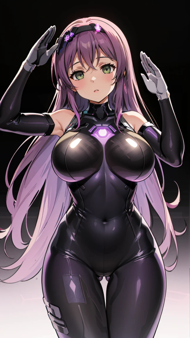 1 girl,Browsing Caution,Nozomi Tojo, (lovelive), VR Visor, clavicle, Absurd, brainwashing,Combatant, Hollow Eyes,((Purple glowing eyes 1.5)), ( Huge breasts ), ((stand up, One-handed salute)), Expressionless, Emotions are removed,((Black bodysuit)),avert your eyes , whole body shape,(Highest quality、4K、8k、High resolution、Must have:1.2)、Very detailed、(reality、that&#39;s reality的、reality的:1.37)、Ticker、Hyper HD、Studio Lighting、Ultra High Definition Paint、Sharp focus、Physically Based Rendering、Extreme Detail、Professional specifications、Vibrancy and color、Blurred、Sports portrait、landscape、Horror Style、Anime Big Tits、sf、photograph、Concept Artist、Five Fingers, Perfect body,  {{{masterpiece}}}, {{{Highest quality}}}, {{Very detailed}}, {shape}, {{Very delicate and beautiful}},Improved cost performance、All Roles、Canon 5D MK4でphotograph、photograph, 