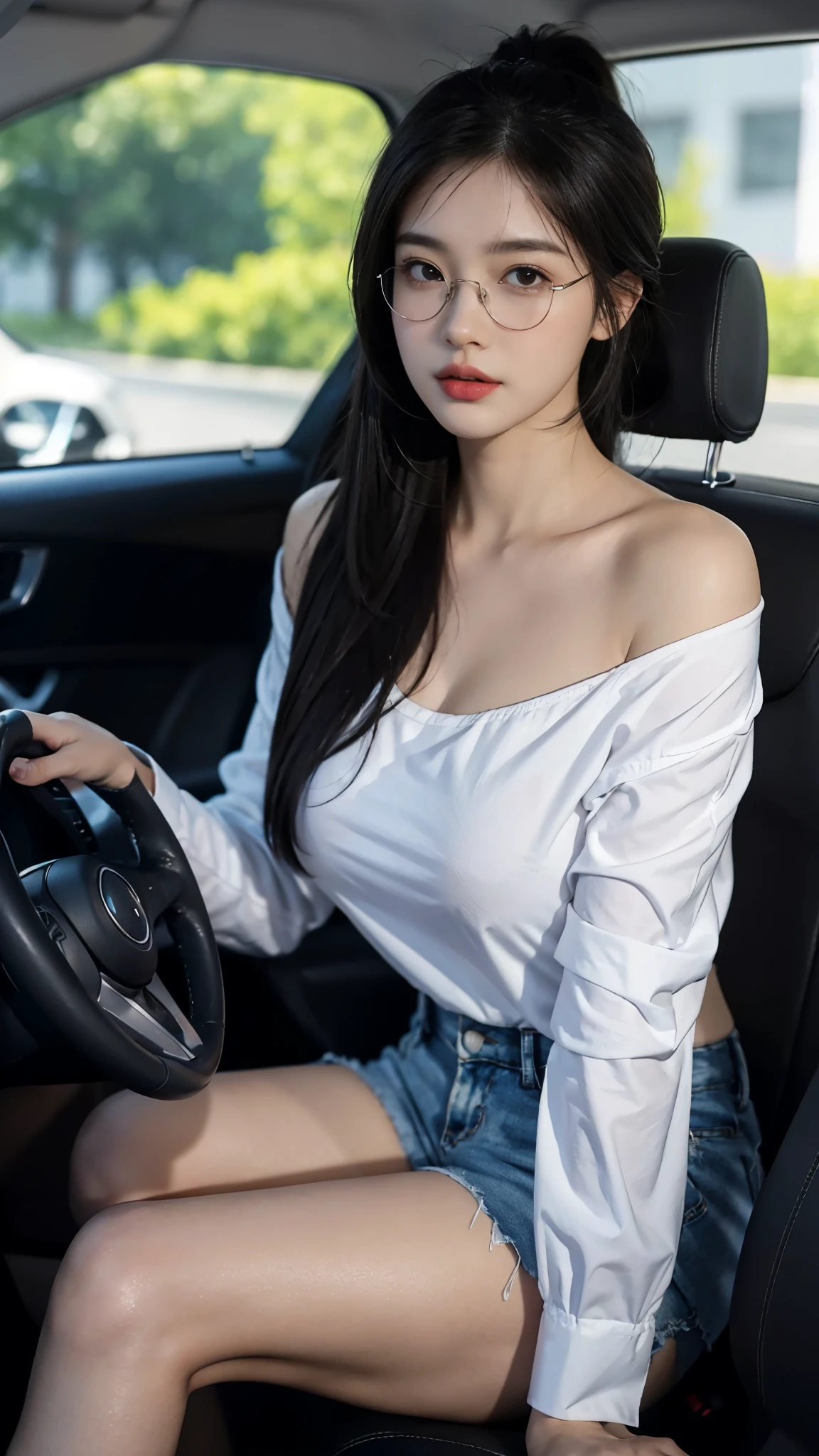 ((huge breasts 아래)), (Straight shoulder-length hair: 1.2), black hair,short ponytail，upper body, （very detailed CG 8k 벽지），（Incredibly stylish and beautiful.），（masterpiece），（best quality：1.0），（초high resolution：1.0），A beautiful light came in，Perfect 번개，Realistic Shading，[high resolution]，smooth, Perfect, fair skin，Very exquisite facial details，（Perfect 몸：1.1），very detailed，Beautiful girl，small head，(huge breasts:1.1)，attractive collarbone，Towering box，divided，chubby body type，big ass，thick thighs，thick arms，laugh，jollity，（white collar long sleeve shirt:1.1），（blue shorts：1.1），white sneakers，summer，morning，Sitting in a spacious private car，Female drivers，chest of steering wheel，Driving a car，wearing glasses, expect，enlargement，