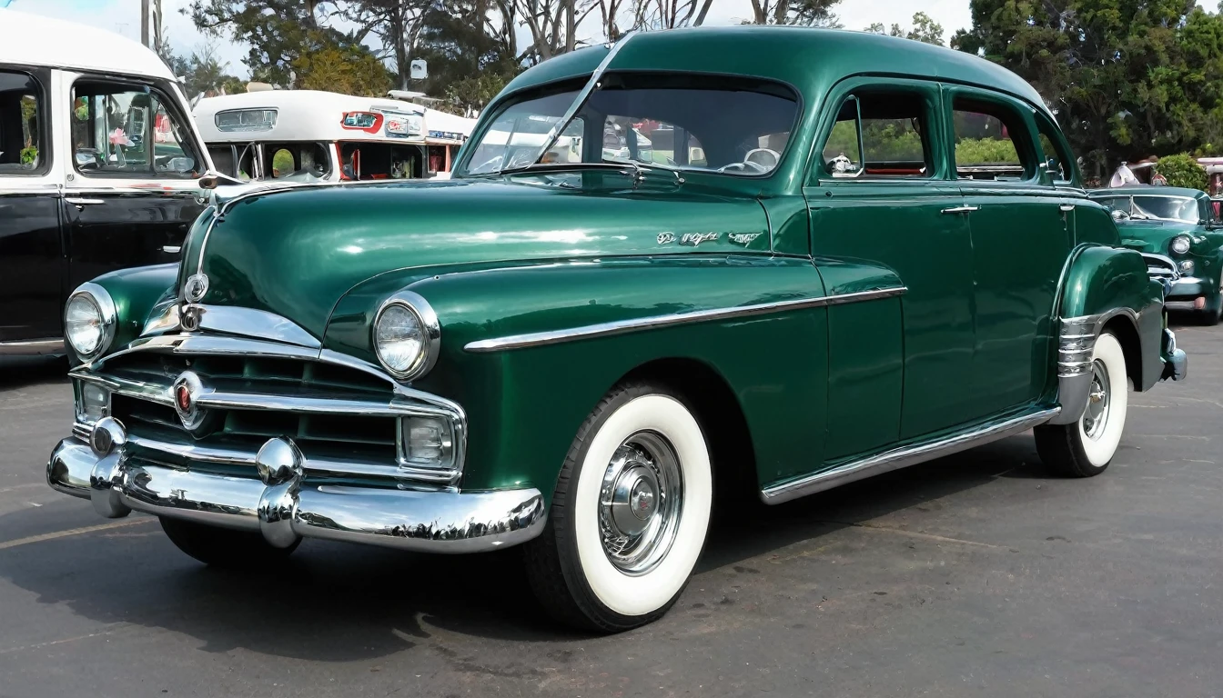 1952 Dodgel Kingsway, STAR WHEEL, WIDE WHEEL, British racing green COLOR, LIGHTED HEADLIGHTS, DARK WINDOWS, parked outside of a milk bart