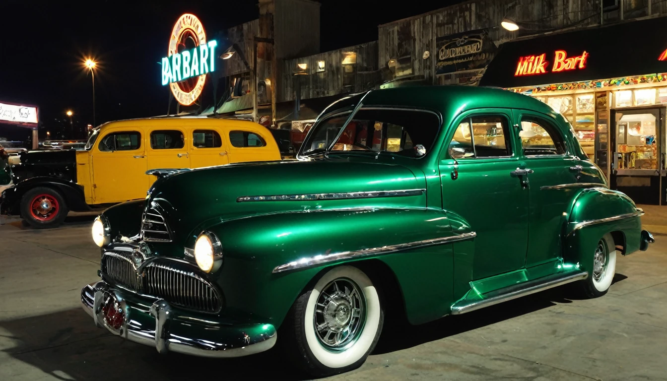 1952 Dodgel Kingsway, STAR WHEEL, WIDE WHEEL, British racing green COLOR, LIGHTED HEADLIGHTS, DARK WINDOWS, parked outside of a milk bart