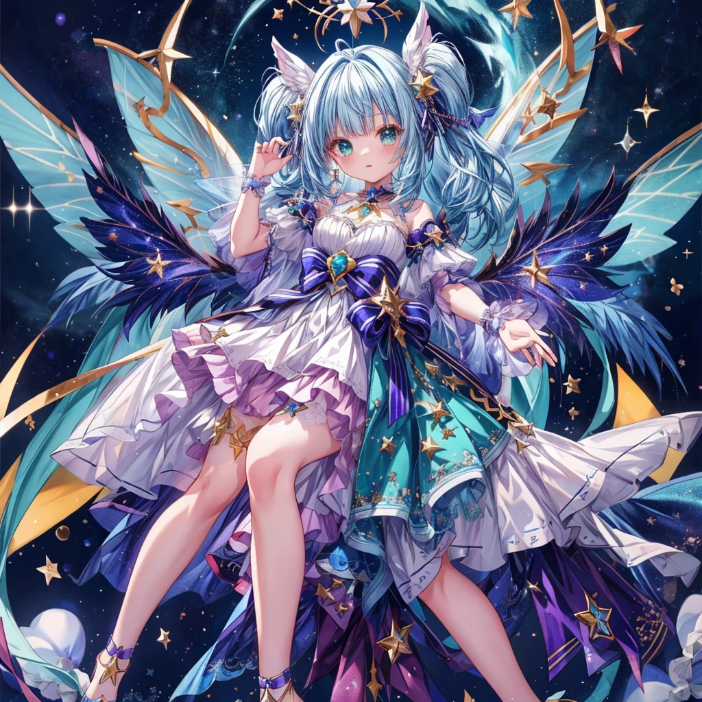 1girginal and unique cute hairstyle、Star Fairy、Star incarnation、Character design front view、A picture facing the viewer、(((Super detailed、Highest quality、Masterpiece)))、Original cute hairstyle、Milky white and blue hair color、Simple Green Background、vtuber-fullbody,