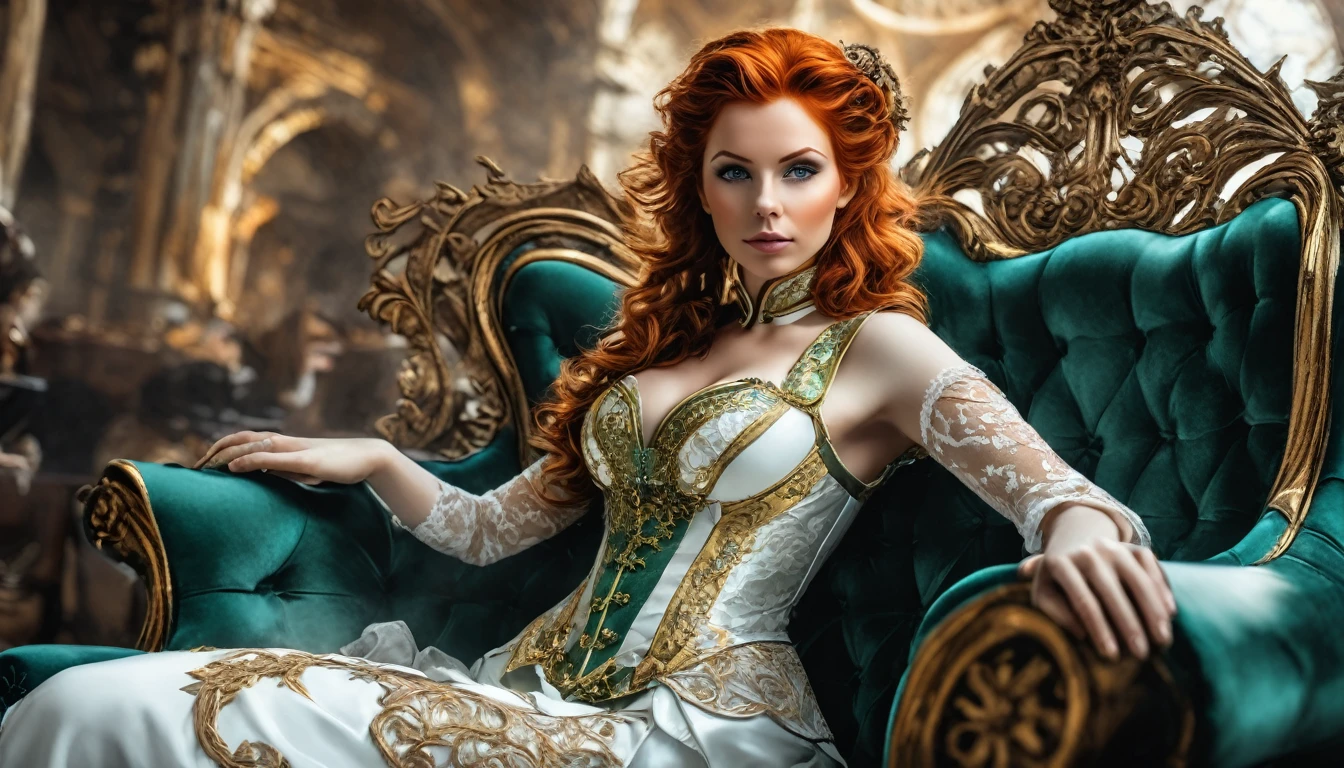 



photo, 8k ((surréaliste)) statue d'une sublime femme rousse Steampunk en marbre blanc alangui sur un sofa, plan large, corps entier, souriante et radieuse, bustier incrusté de fines dentelles complexe fractal, bustier effet push-up, complexe, élégante et sensuelle, très détaillé, majestueuse, digital photography, art by artgerm and ruan jia and greg rutkowski surréaliste painting gold and silver filigree, (cheveux verts très long), verre brisé, (chef-d'oeuvre artistique, Éclairage latéral, HDR, Réaliste, HD), sublime grosse poitrine push-up
















