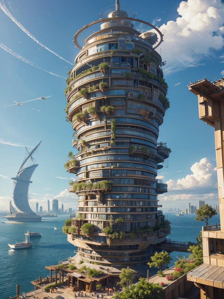 The Big Ship, floating in the sky, with many different buildings, solarpunk village, SolarPunk Architecture, sunny punk city, futuristic utopia in solar punk, inspired by Stéphane Martiniere, inspired by Stéphane Martiniere, Colorful sci-fi steampunk, Solarpunk utopia, giant impressive steampunk tower, concept art in steampunk style, fantasy architecture, solar punk metropolis