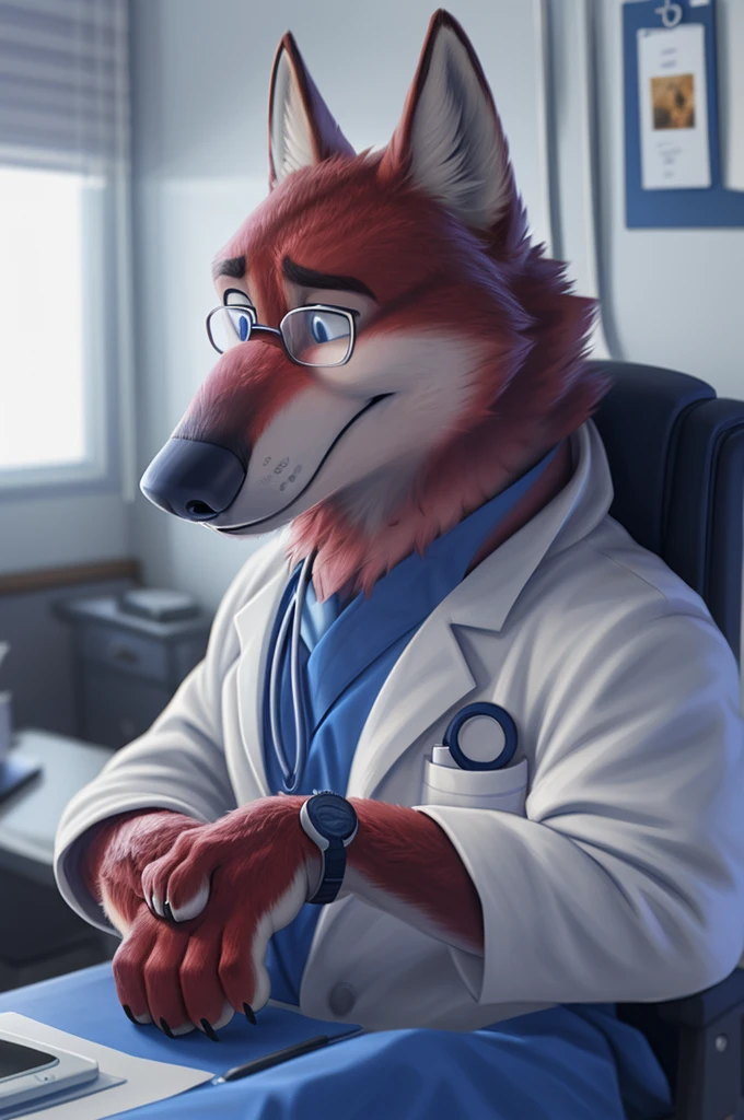 Joachim Wolfbach (Zootopia),tall handsome, wolf,young, 24 years, brown fur,(red body:1.3),Blue eyes, Moscow Dressed,red cassock, red headdress,in a medical suit, BLUE, stethoscope, cardiac surgeon,canine, wolf, detailed fur, Male, antro, paw pads, finger claws,Prays, at viewer, 5 fingers, paws, 5 fingers, smile, happy, resting, wrist watch,stethoscope, glasses on the table, т nextel, sitting in his office at home, by xenoforge, (difficult, high detail, digital, photo, soft focus, RAW, pilot by training,ulba,tender, very kind, sincere, advises, patient,
photorealism, realistic, photorealistic, analog style, subsurface scattering,
masterpiece, Best quality, ultra realistic, 8 K)