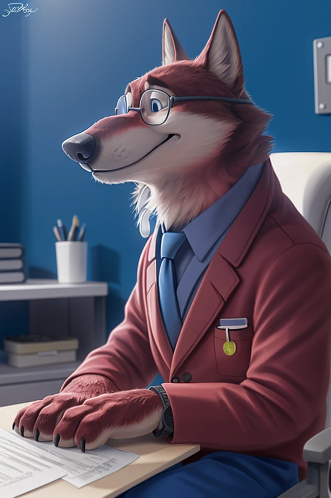 Joachim Wolfbach (Zootopia),tall handsome, wolf,young, 24 years, brown fur,(red body:1.3),Blue eyes, Moscow Dressed,red cassock, red headdress,in a medical suit, BLUE, stethoscope, cardiac surgeon,canine, wolf, detailed fur, Male, antro, paw pads, finger claws,Prays, at viewer, 5 fingers, paws, 5 fingers, smile, happy, resting, wrist watch,stethoscope, glasses on the table, т nextel, sitting in his office at home, by xenoforge, (difficult, high detail, digital, photo, soft focus, RAW, pilot by training,ulba,tender, very kind, sincere, advises, patient,
photorealism, realistic, photorealistic, analog style, subsurface scattering,
masterpiece, Best quality, ultra realistic, 8 K)