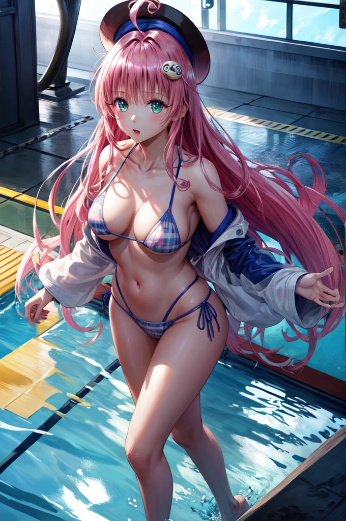 (masterpiece),(Highest quality)、(Very detailed)、(Very detailedなCG)、(Very delicate),(Perfect lighting),(8k)、(Dynamic Angle)、(Clear images)、Vibrant colors, woman、masterpiece、Highest quality、Written boundary depth、Cinema Lighting、masterpiece、Highest quality、Very detailed、colorful、Vibrant、Large Breasts、Thighature woman、alone、(masterpiece、Highest quality、High resolution、Anime Screen Capture、Anime Color)、(Perfect Anatomy、Beautiful attention to detail、Beautiful detail body、Beautiful breasts、Shiny)、Sexy mature anime woman standing outside in aswimsuit、((Micro Bikini))、performer、View your viewers、Side bangs、Pink Hair、The eyes are round、Long Hair、Side bangs、Chest