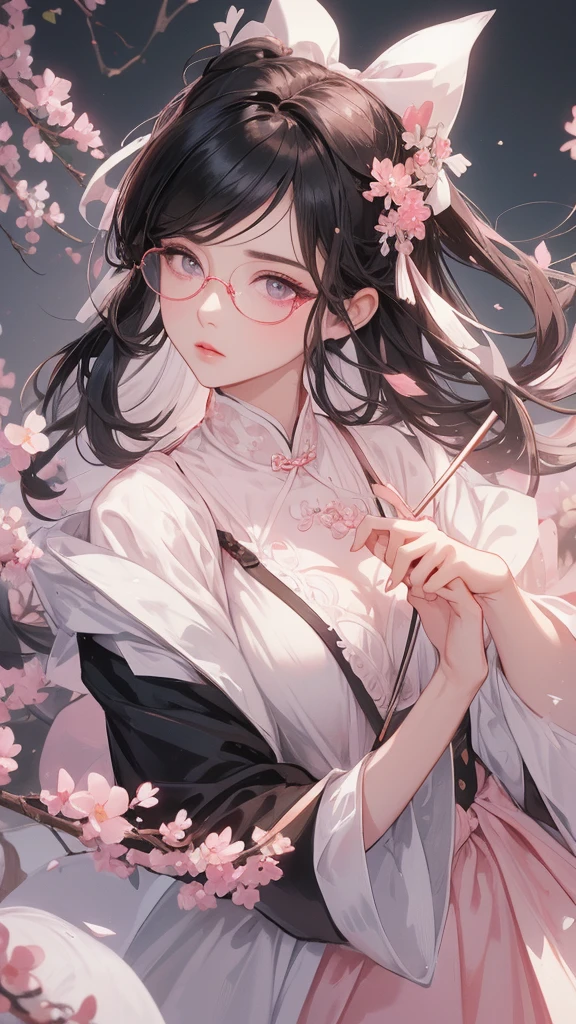 Bblack hair, , (( round glasses )) (light pink eyes), ((White bows in the hair)), imperial chinese hairstyle, gorgeous face, looking to the down, view from above. holding a giant rustic paintbrush in his hand
