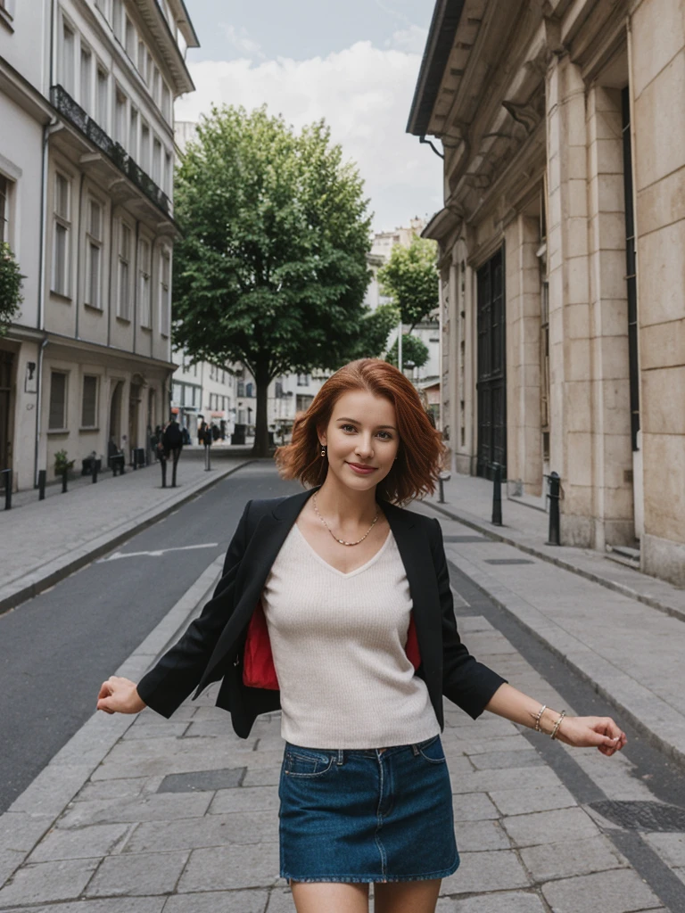 Emily Richardson, 1girl, solo, (((consistent face and image))), ((20 years old)), realistic, photorealistic, (red cranky hair), short hair, (((Caucasian mature woman))), (Swiss woman), (Swiss nose), (Swiss thick lips), posing outside the Iconic landmark, perfect for classic Parisian backgrounds, upper body and upper legs, smirking, standing, wearing In style in trend Generation-Z modern wear different colored,
