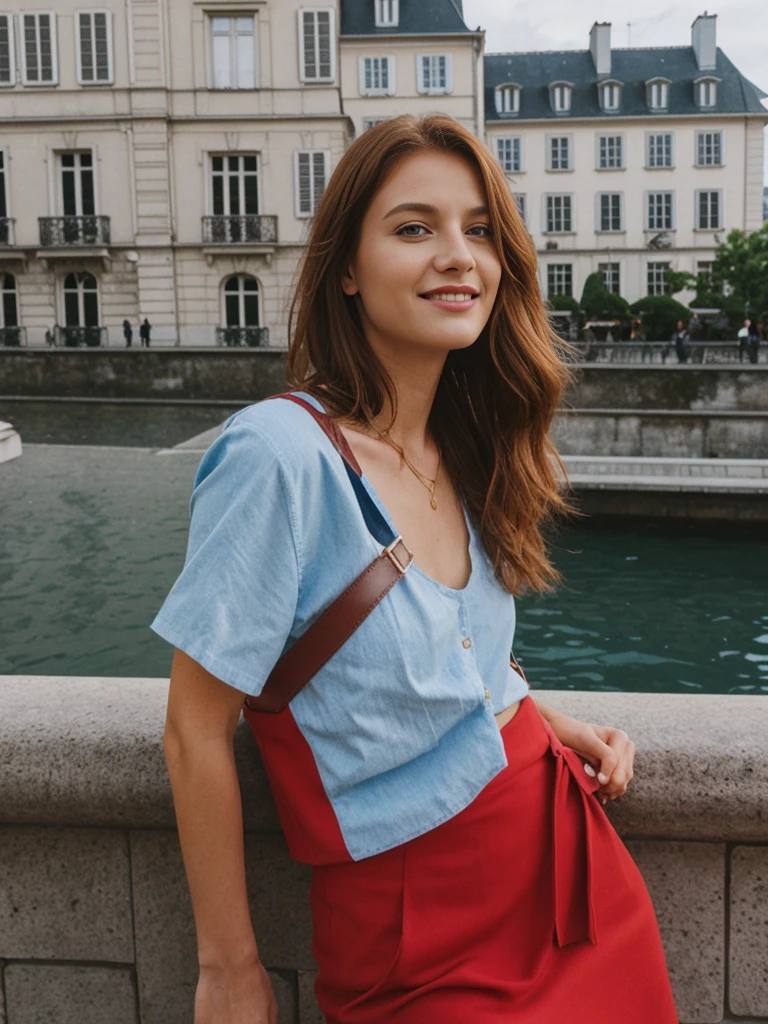 Emily Richardson, 1girl, solo, (((consistent face and image))), ((20 years old)), realistic, photorealistic, (red cranky hair), short hair, (((Caucasian mature woman))), (Swiss woman), (Swiss nose), (Swiss thick lips), posing outside the Iconic landmark, perfect for classic Parisian backgrounds, upper body and upper legs, smirking, standing, wearing In style in trend Generation-Z modern wear different colored,
