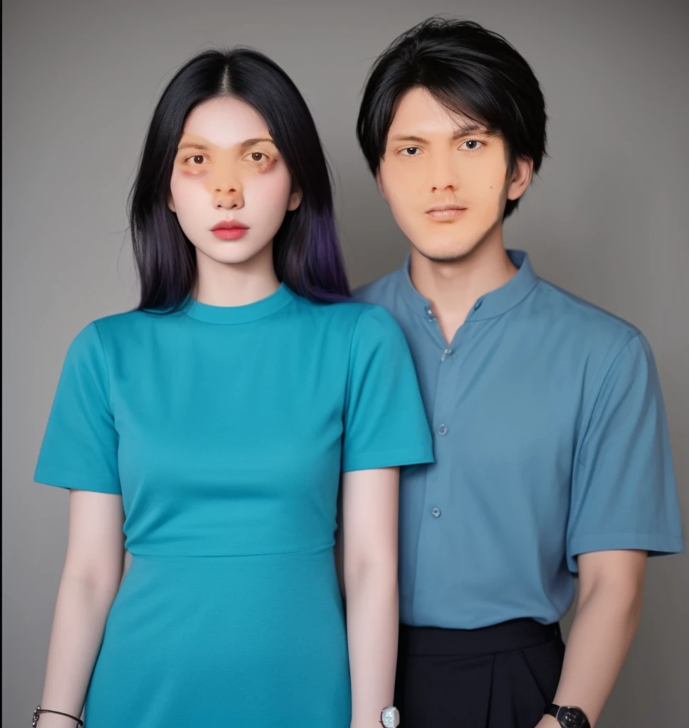 The man's shirt is light-black, his pants are black, and he has a watch on his left hand. The woman is wearing a light-purple dress, her hair is black, and she is wearing a watch on her right hand. Both are a couple. The color of the skin is pale. The floor is an old house indian cupple