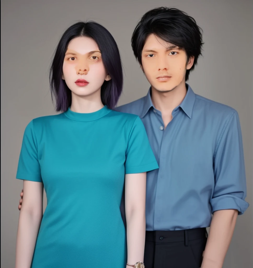 The man's shirt is light-black, his pants are black, and he has a watch on his left hand. The woman is wearing a light-purple dress, her hair is black, and she is wearing a watch on her right hand. Both are a couple. The color of the skin is pale. The floor is an old house indian cupple