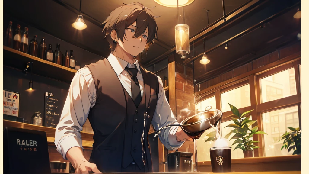 Anthropomorphic Bear、Black vest、shirt、tie、Pouring coffee、Coffee shop