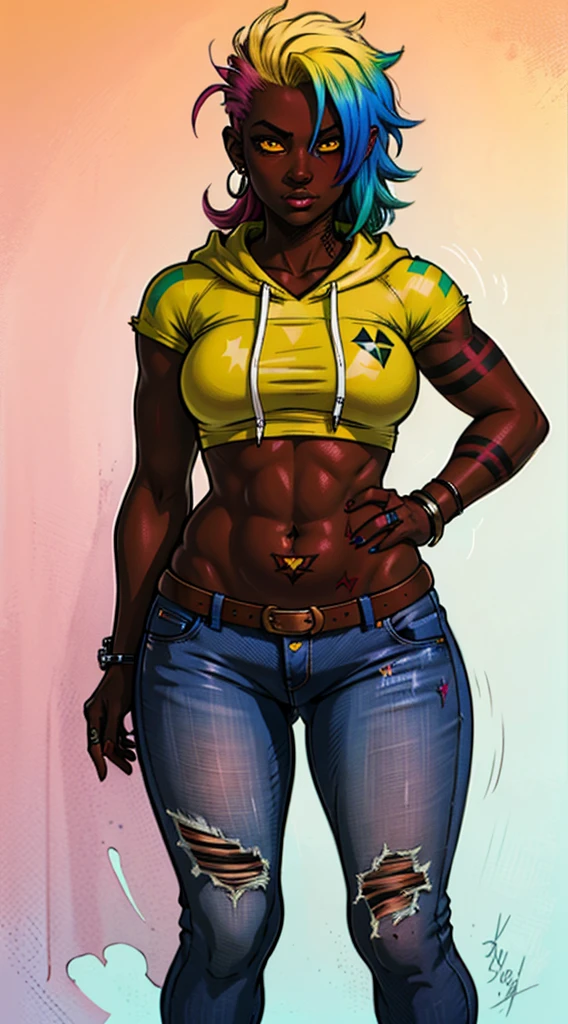 The most beautiful and sexy punk rock girl, rainbow hair, yellow eyes, dark skin, wear a hoodie, Graphic T-shirt and torn skinny jeans, tons of tattoos and piercings, perfect masterpiece, high quality, High resolution