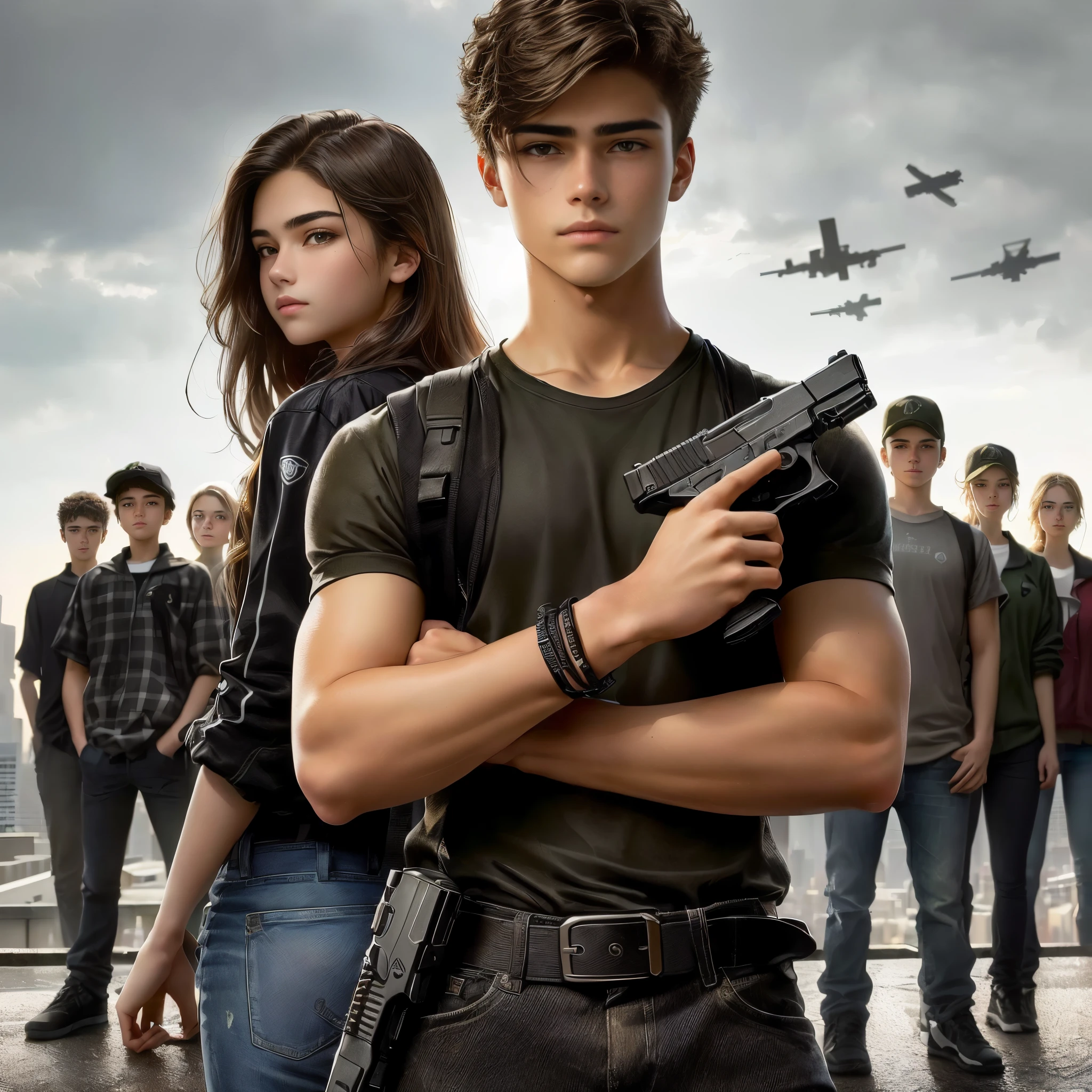 A handsome and serious 15 years old teenager with a Beretta M9l in hand stands back to back with a beautiful teenage girl, directly gazes to the camera,  A group of teenagers stands behind them. In the background, we see they’re standing on a rooftop with a city stretching behind them.