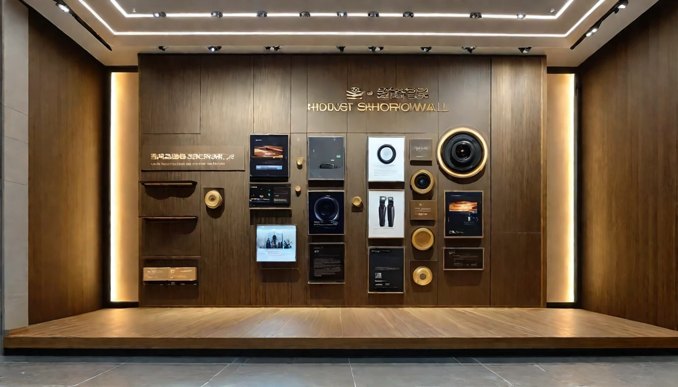 Sony A9iii,RAW photos,masterpiece, high quality, best quality, for real, Super Detail, Internal, indoors, (Light wood grain:1.3), Bright, (real:1.2)，exhibition，Showroom，Company exhibition wall，Showroom入口主墙