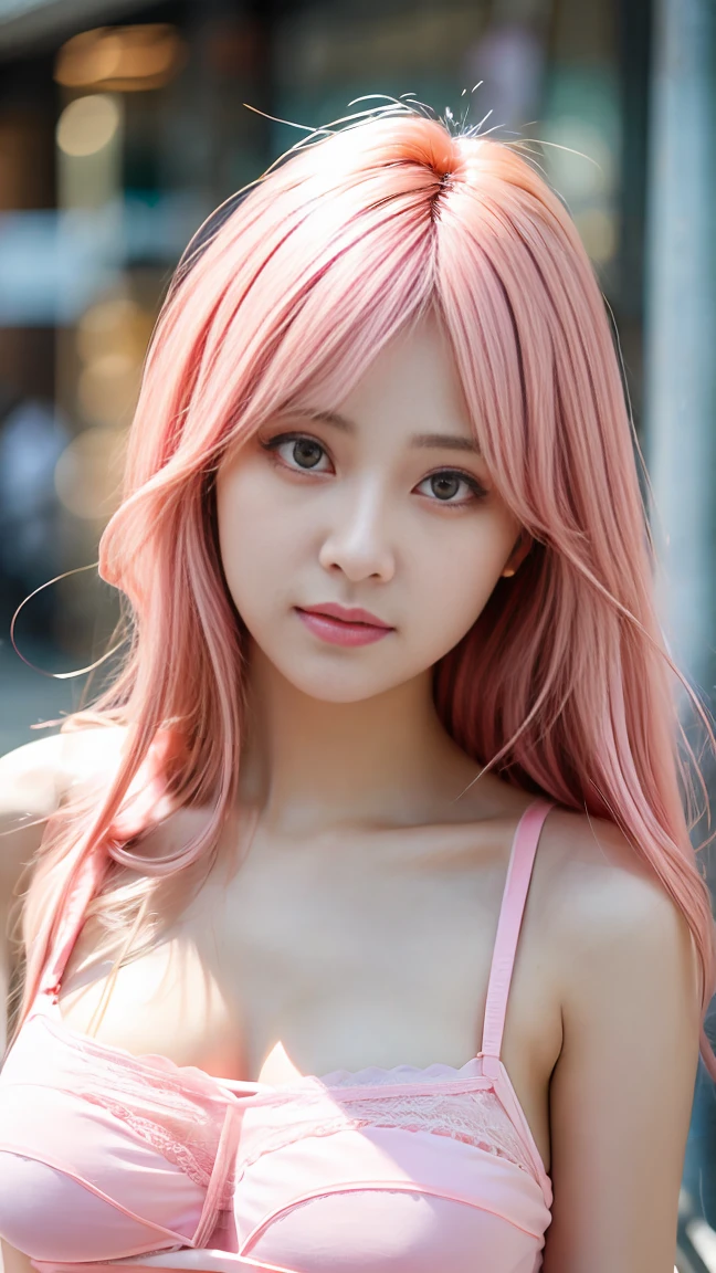 (panty shot :1.3),Highest quality, masterpiece, High resolution, One Girl, Super beautiful face, Very beautiful eyes, Very beautiful pink hair，Trendy clothes，Expose your shoulders