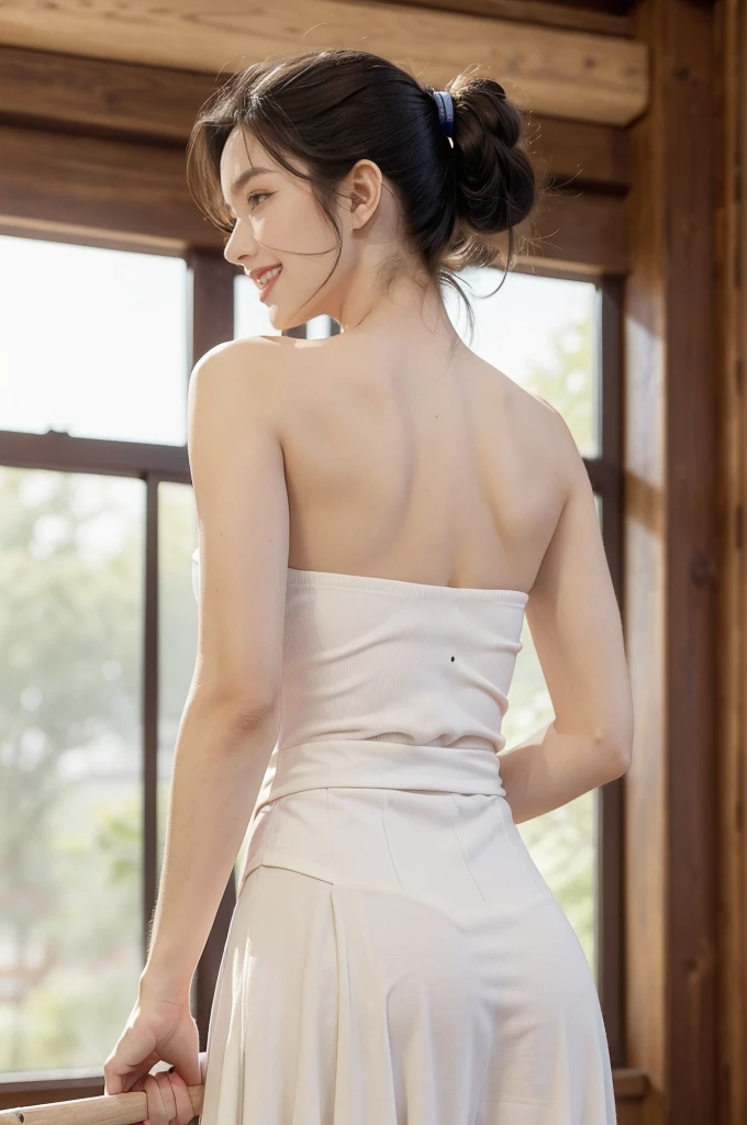 (((best quality))),(((ultra detailed))),(((masterpiece))),illustration,1girl,solo,short ponytail,slim,thin,((strapless,shoulder off,bare back,towering hips,butt crack)),white collar,white tank top,maxi navy-blue kendo hakama,standing in kendo gym,focused and determined expression,ready for challenge,slender and elegant face,confident and resilient,fair skin,blush,neat teeth,bright smile,clean and tidy uniform,wooden gym floor,wall,pine scent,standard grip,ready to slice through obstacles,strong belief,determination,spirit of resilience,admiring,((from back,upper body))