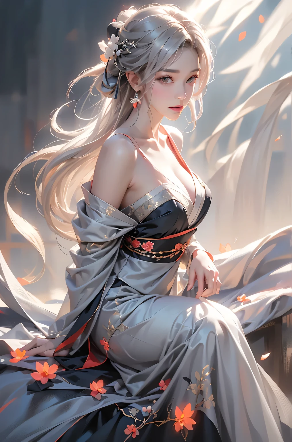 ((Full body images:1.3))super high quality, masterpiece, Perfect illustration, Very detailed (Exquisite light and shadow, Very dramatic photo,Backlight) , ((Gray Hair:1.5))1 Girl,(( alone:1.6)), (Wearing Han clothes, Black Hanfu,Monotony,Long sleeve、Gorgeous costumes、Highly decorated Hanfu) Flower Field, Flowers, (White smoke:1.3) (Realistic:1.4), Zen Intertwining, Tangled, Official Art, unity 8k wallpaper, Very detailed, Beautiful and beautiful, masterpiece, Highest quality, (Dynamic Angle: 1.4), Glowing Skin, (Floating colorful flashes: 1) The most beautiful chaotic shapes, elegant, Brutalist Design, Bright colors, Romantic Depth of Field Exotic_dance, half_naked、Expose your shoulders、Ample breasts、Great cleavage、Dynamic pose、Backlight,((from back side))
