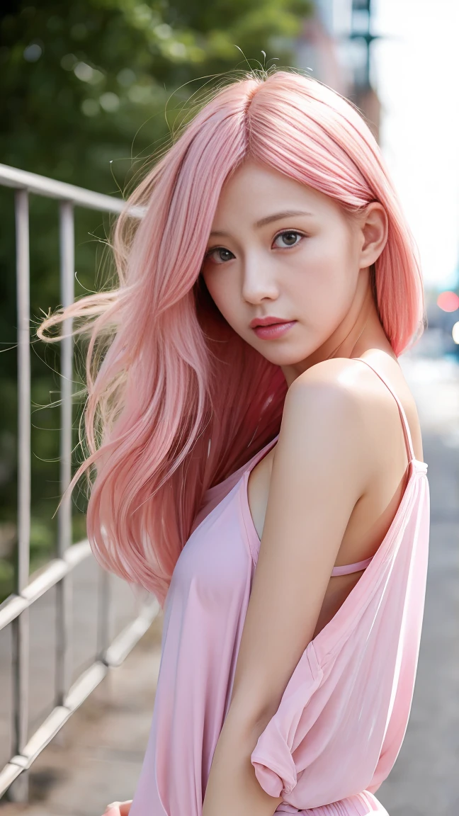(bottomless :1.3),Highest quality, masterpiece, High resolution, One Girl, Super beautiful face, Very beautiful eyes, Very beautiful pink hair,Trendy clothes,Expose your shoulders