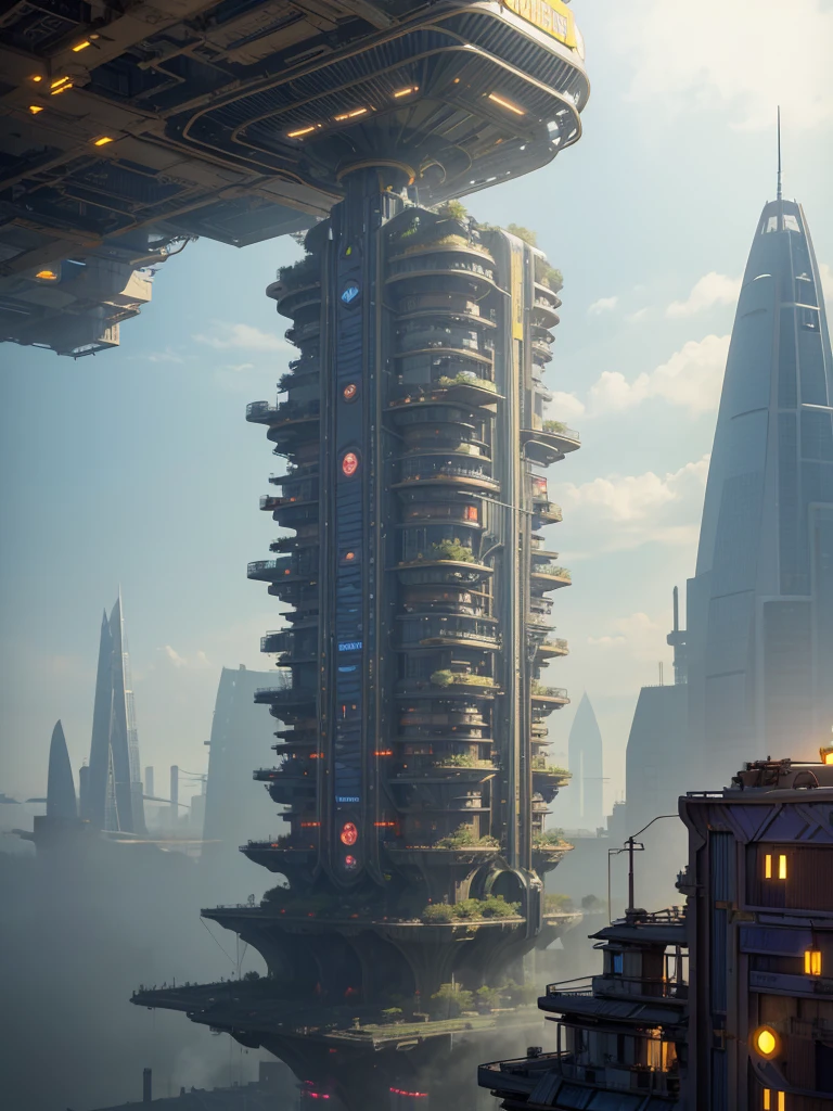 big city, floating in the sky, with many different buildings, solarpunk village, SolarPunk Architecture, sunny punk city, futuristic utopia in solar punk, inspired by Stéphane Martiniere, inspired by Stéphane Martiniere, Colorful sci-fi steampunk, Solarpunk utopia, giant impressive steampunk tower, concept art in steampunk style, fantasy architecture, solar punk metropolis
