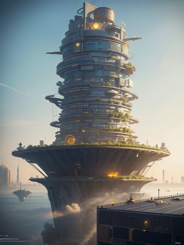 big city, floating in the sky, with many different buildings, solarpunk village, SolarPunk Architecture, sunny punk city, futuristic utopia in solar punk, inspired by Stéphane Martiniere, inspired by Stéphane Martiniere, Colorful sci-fi steampunk, Solarpunk utopia, giant impressive steampunk tower, concept art in steampunk style, fantasy architecture, solar punk metropolis