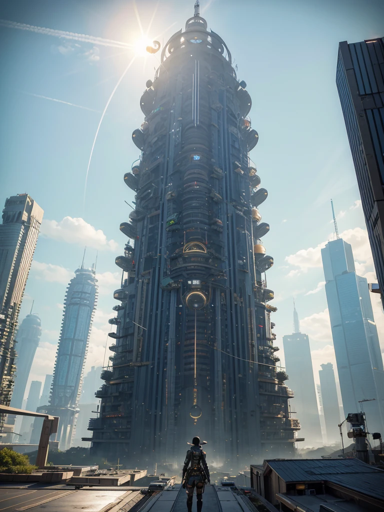 big city, floating in the sky, with many different buildings, solarpunk village, SolarPunk Architecture, sunny punk city, futuristic utopia in solar punk, inspired by Stéphane Martiniere, inspired by Stéphane Martiniere, Colorful sci-fi steampunk, Solarpunk utopia, giant impressive steampunk tower, concept art in steampunk style, fantasy architecture, solar punk metropolis
