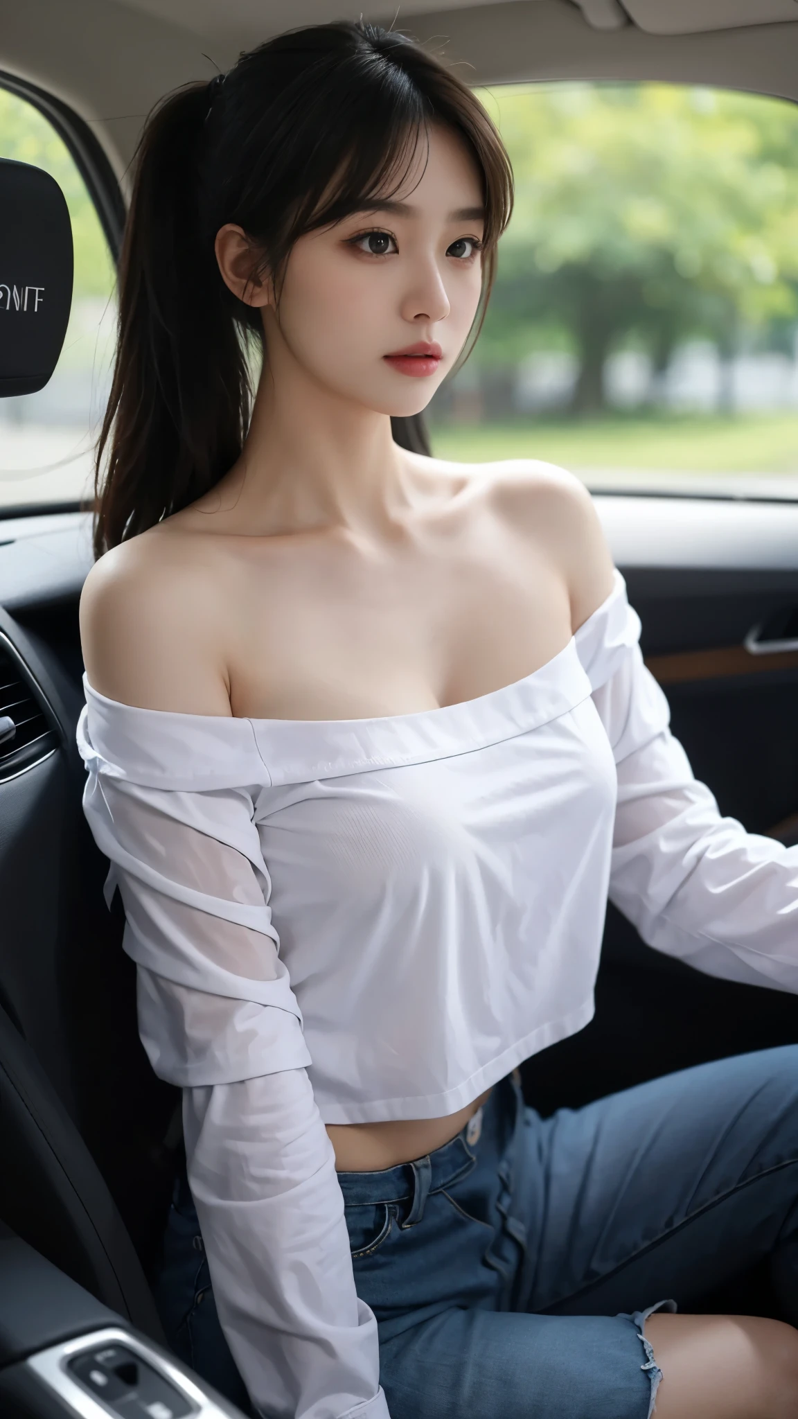 ((huge breasts 아래)), (Straight shoulder-length hair: 1.2), black hair,short ponytail，upper body, （very detailed CG 8k 벽지），（Incredibly stylish and beautiful.），（masterpiece），（best quality：1.0），（초high resolution：1.0），A beautiful light came in，Perfect 번개，Realistic Shading，[high resolution]，smooth, Perfect, fair skin，Very exquisite facial details，（Perfect 몸：1.1），very detailed，Beautiful girl，small head，(huge breasts:1.1)，attractive collarbone，Towering box，divided，chubby body type，big ass，thick thighs，thick arms，laugh，jollity，（white collar long sleeve shirt:1.1），（blue shorts：1.1），white sneakers，summer，morning，Sitting in a spacious private car，Female drivers，chest of steering wheel，Driving a car，wearing glasses, expect，enlargement，
