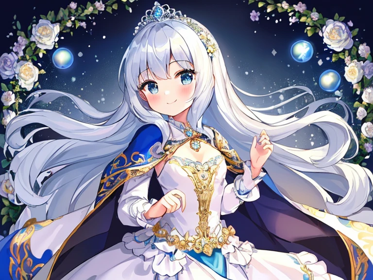 looking at viewer, upper body,(masterpiece),(best quality),(rococo style),(long train blue cape:1.15), very long cape,(long train white ball gown with flower decorations:1.1), a girl is wearing a cape over her gown, 1 little princess, tiara, smile, very long hair, small breasts