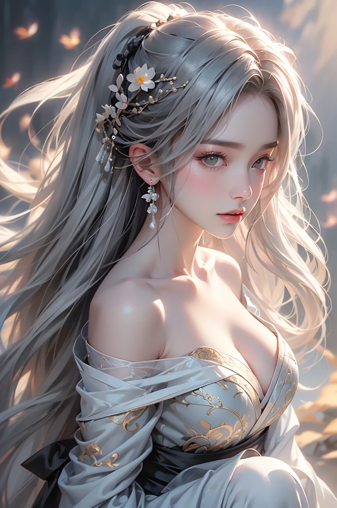 ((Above the knees image:1.3))super high quality, masterpiece, Perfect illustration, Very detailed (Exquisite light and shadow, Very dramatic photo,Backlight) , ((Gray Hair:1.5))1 Girl,(( alone:1.6)), (Wearing Han clothes, Black Hanfu,Monotony,Long sleeve、Gorgeous costumes、Highly decorated Hanfu) Flower Field, Flowers, (White smoke:1.3) (Realistic:1.4), Zen Intertwining, Tangled, Official Art, unity 8k wallpaper, Very detailed, Beautiful and beautiful, masterpiece, Highest quality, (Dynamic Angle: 1.4), Glowing Skin, (Floating colorful flashes: 1) The most beautiful chaotic shapes, elegant, Brutalist Design, Bright colors, Romantic Depth of Field Exotic_dance, half_naked、Expose your shoulders、Ample breasts、Great cleavage、Dynamic pose、Backlight,((from back side))