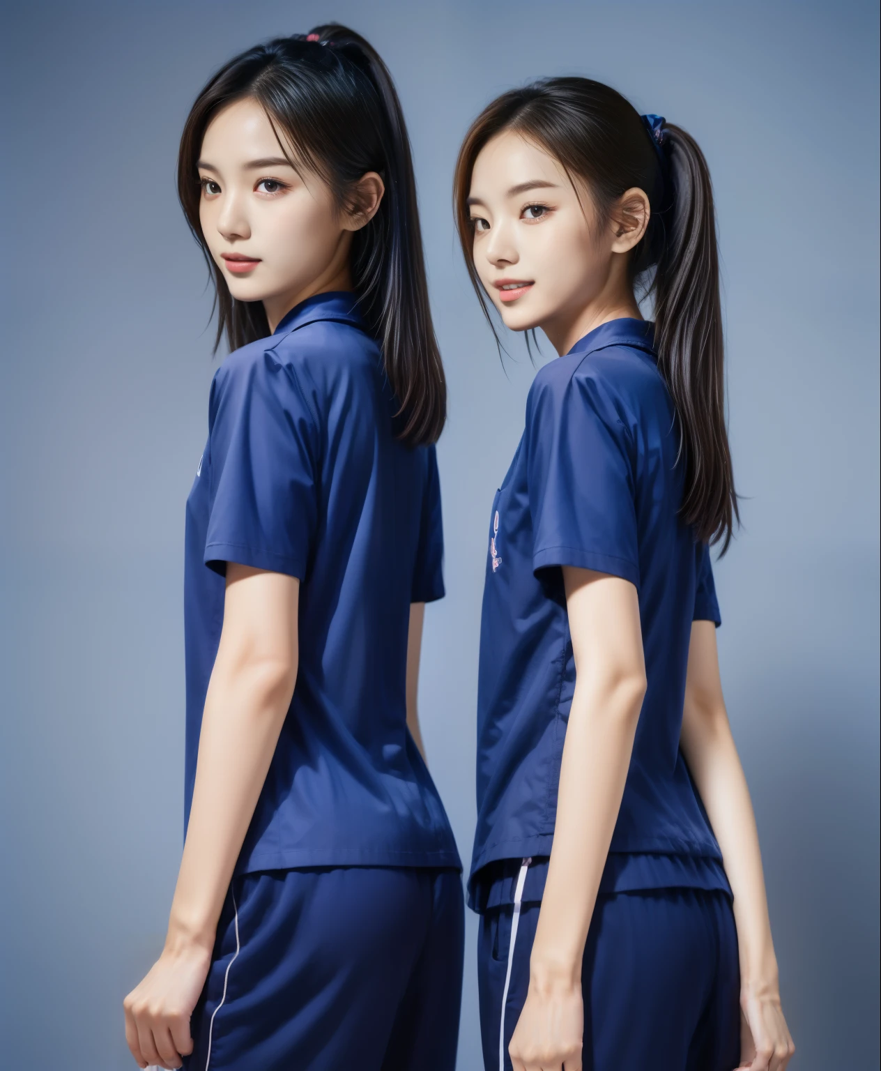 (best quality,10,10,height,Masterpiece:1.2),Special details,(realistic,ภาพrealistic,Realistic photos:1.37),1 Cute girl in the kitchen,shiny, ผิวshiny,only,smile softly,BDclothelue shirt:1.3)),short sleeve,shirt, กางเกงขาlong.,(navy_long_track pants:1.1), ((Kitchen Background)),Dynamic angle,excited,Face focus,dynamic poses,from behind,focus on ass,Masterpiece, best quality, ultra realistic, hyper detail, 8k resolution, raw photos, Sharp focus, ((Navy blue shirt:1.1)), short sleeve, เส้นทางlong, perfect body, 2 mature women, 18 years old, Cinema-grade lighting system,blue sweatpants,shirtผ้าออกกำลังกาย,correct ???????,perfect body, correct body, Sharp face, correct bodyทางกายวิภาค, full body, realistic gestures, long-haired, realistic poses,Wear long shorts...........................,ช่วงขาlong,Good shape,carved girl, Slender figure, model, Good shape, beautiful body,blue sweatpants, two girls kissing