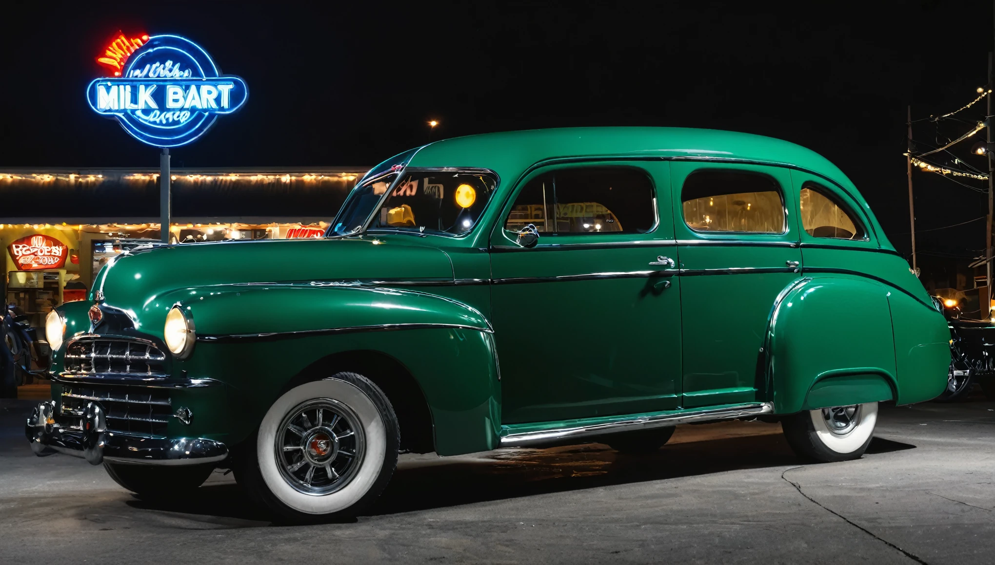 1952 Dodgel Kingsway, STAR WHEEL, WIDE WHEEL, British racing green COLOR, LIGHTED HEADLIGHTS, DARK WINDOWS, parked outside of a milk bart