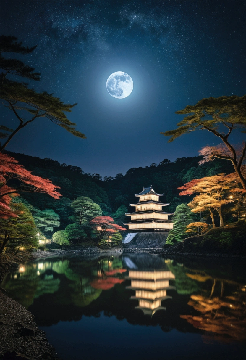 a landscape of beautiful night with shining stars, with the full moon, see forest and river infront of large japanese castle with intricate design, beauty view, professional shot, light and shadow contrast, high detail, 8k, kodak film
