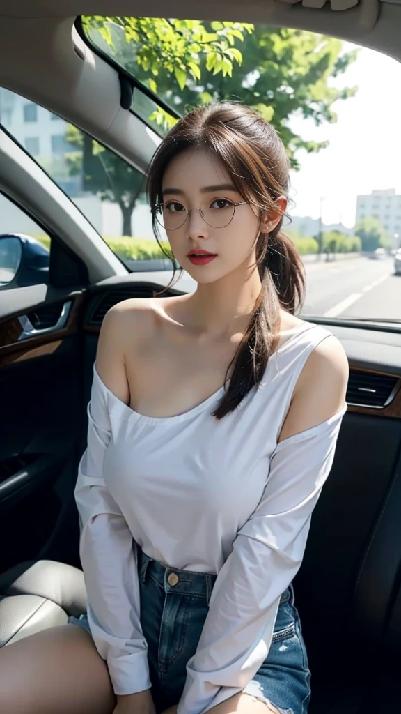 ((huge breasts 아래)), (Straight shoulder-length hair: 1.2), black hair,short ponytail，upper body, （very detailed CG 8k 벽지），（Incredibly stylish and beautiful.），（masterpiece），（best quality：1.0），（초high resolution：1.0），A beautiful light came in，Perfect 번개，Realistic Shading，[high resolution]，smooth, Perfect, fair skin，Very exquisite facial details，（Perfect 몸：1.1），very detailed，Beautiful girl，small head，(huge breasts:1.1)，attractive collarbone，Towering box，divided，chubby body type，big ass，thick thighs，thick arms，laugh，jollity，（white collar long sleeve shirt:1.1），（blue shorts：1.1），white sneakers，summer，morning，Sitting in a spacious private car，Female drivers，chest of steering wheel，Driving a car，wearing glasses, expect，enlargement，