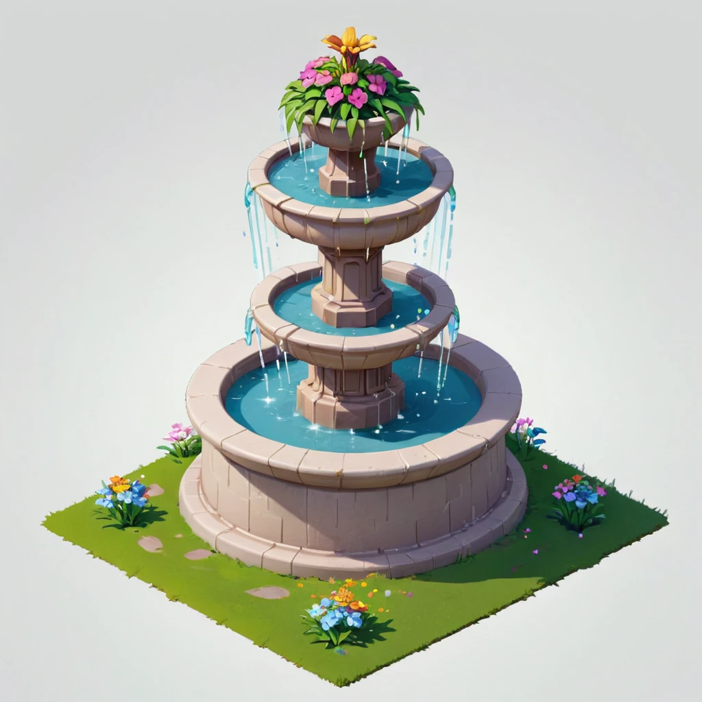 Isometric Model,a advanced fountain,Flowers,grassland,white background,Game architecture design,Cartoon,casual game style, Game assets,Isometric,2d,Game Art