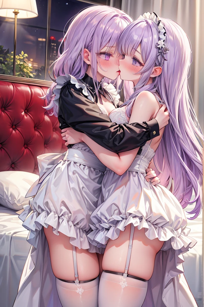 masterpiece, best quality, nsfw,
 2girl, kiss, 
 maid clothes, white panties, white garter belt, purple hair, embarrassed face, 
 bedroom, night,