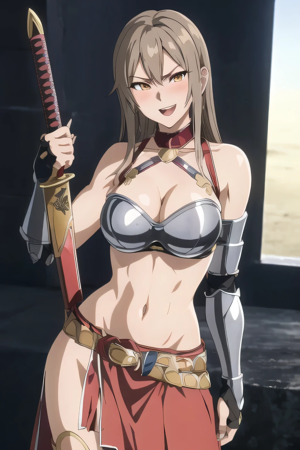 misaki, long hair, mature female, makeup, eyelashes, blush, lipstick, Hot girl, baddie, staring, glaring, bad attitude, mean girl, dare, angry, hate, crazy, smoking, sensual, attractive, masterpiece, best quality, highly detailed, fantasy , a anime girls in armored dress holding a sword
posing for a picture, evil smile, smile, open mouth, breastplate with open cleavage, cleavage, warrior
outfit, ecchi anime style, anime girls, ecchi style, (nsfw) not safe for work, ecchi, digital anime art!!, in
anime style, official artwork, visual novel cg, beautiful anime girl, anime style 4 k , loincloth, exposed
belly, exposed navel, exposed midriff, exposed lower belly, pencil skirt armored, castle,inside castle