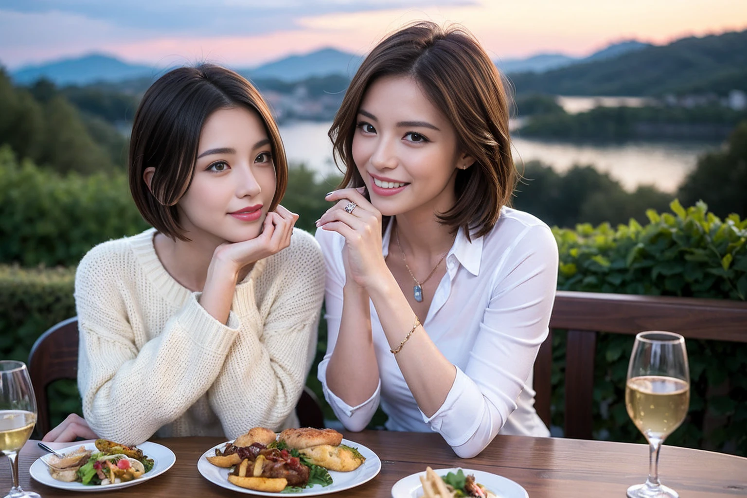 （Realistic:1.1）,(masterpiece,Highest quality)，8k,(37 years old), 42 years old, slimカップル、Model Couple、Actress/Actor、Tight waist,Upper Body,full-course dinner、wine 、Amazing view of the sunset sky and clouds、Perfect Anatomy, Brown Hair, Short Hair,Random Hairstyles,((Highly detailed face and eyes:1.2))(cute顔:1.4)，Beautiful actress face，Perfect golden ratio face，Long sleeve shirt、dress,(smile:1.hortcuts、cute、(Realistic, Intricate details:1.2), A bright smile、short hair,Bright Face、赤wine 、Appetizers、Italian food、wine bottle、Champagne、スパークリングwine、(slimな顔), (The body is slim), (Brown Hair), (Shortcuts),  Upper Body, 白wine, slim, wineグラス, 