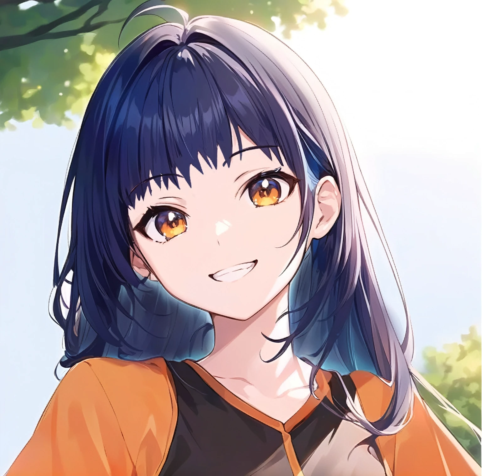 ((masterpiece)), (A 14-year-old girl wearing tennis wear), (Anime girl with blue hair and orange shirt grinning at the camera), Smooth anime CG art, Lively girl anime visual, Anime Moe Art Style, (Short bangs), (Jagged ends), Anime art style, Cute Anime Girl portrait, Anime style portrait, Anime Girl Portrait, Attractive anime girl, Beautiful anime portraits, Cute Anime Girl, (Active women), ((Ultra-high resolution))