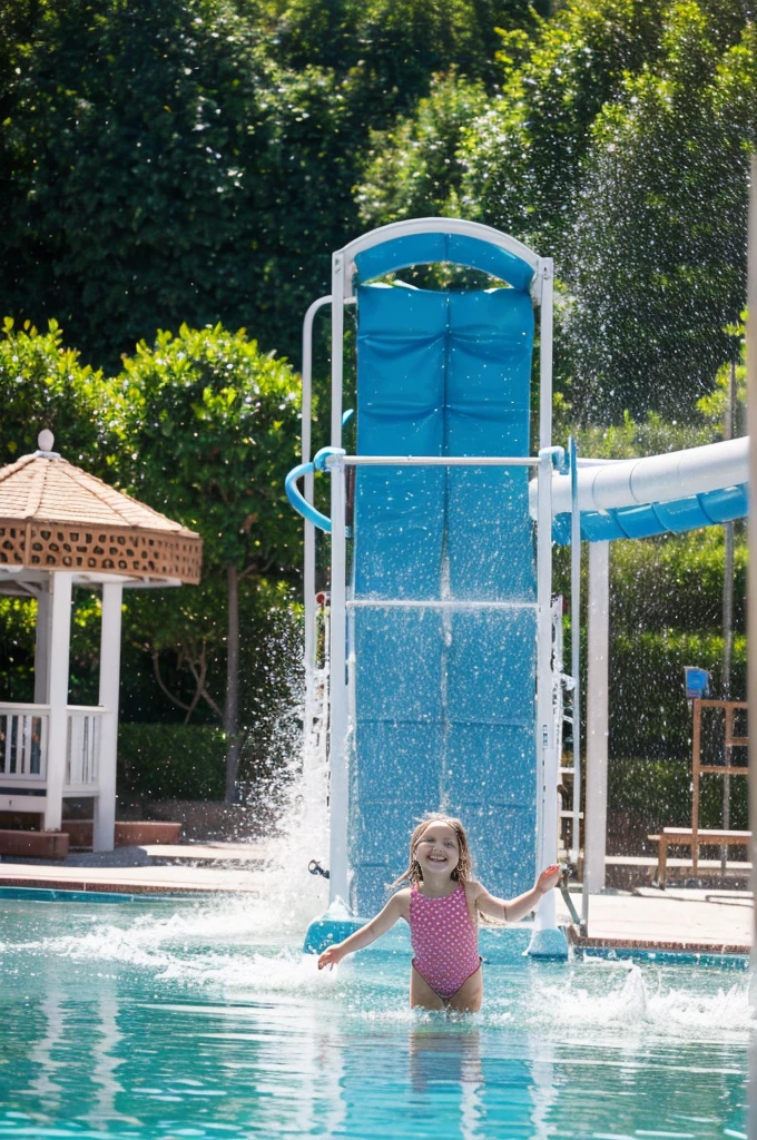 Create a highly realistic scene of an 8-year-old Italian girl having fun at a lively water park on a sunny day.
The girl is in the center of a splash pad, standing under a large colorful fountain. She has long wavy brown hair that is wet and slicked back by the water. She is wearing a 2-piece fuchsia and white polka dot swimsuit. Her expression is full of joy and excitement, with a wide smile on her face as she reaches out to touch the falling water with her hands.
Around her, other children also play in the splash pad, run through the water jets and stand under various fountains. The area is filled with laughter and the sound of splashing water.
Visible in the background are the water park's biggest attractions, including tall, twisting water slides, a lazy river and lively play structures. The sky is clear and blue, with the sun shining brightly, casting a warm and inviting glow over the scene.
Around the splash pad, parents and guardians can be seen sitting on lounge chairs, keeping an eye on their children as they enjoy the sunny day. Towels, bottles of sunscreen and picnic baskets are scattered around, adding to the lively, homely atmosphere.
This scene captures the pure joy and excitement of a playing in a water park, with the vibrant setting and dynamic activity creating a realistic and engaging image. The detailed environment and the girl's joyful expression highlight the fun and energy of a summer day spent at the water park