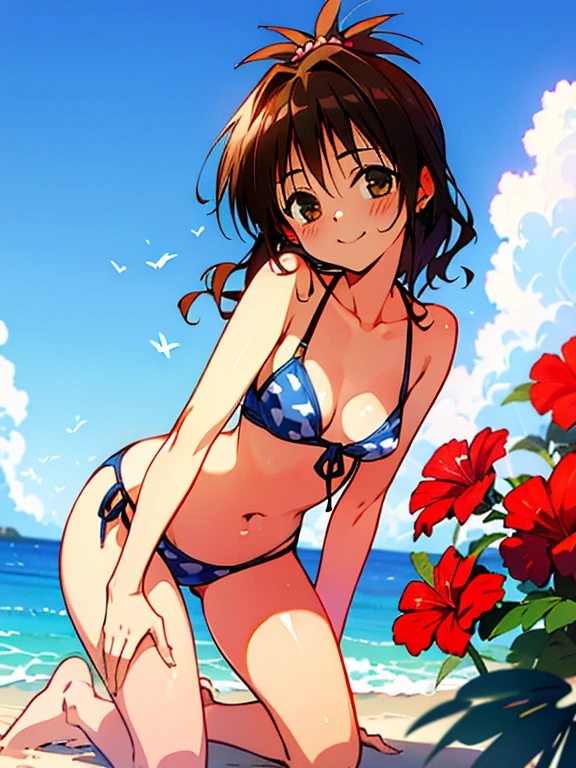 1girl, solo, breasts, looking at viewer, blush, hair ornament, navel, cleavage, bare shoulders, medium breasts, seductive smile, standing, collarbone, swimsuit, flower, bikini, thighs, cowboy shot, earrings, outdoors, sky, day, cloud, hair flower, water, stomach, blue sky, bare arms, Gingham Print bikini, side-tie bikini bottom, ocean, halterneck, beach, sunlight, red flower, front-tie top, string bikini, front-tie bikini top, horizon, hibiscus, ((kneeling pose)),thige strap