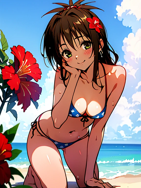 1girl, solo, breasts, looking at viewer, blush, hair ornament, navel, cleavage, bare shoulders, medium breasts, seductive smile, standing, collarbone, swimsuit, flower, bikini, thighs, cowboy shot, earrings, outdoors, sky, day, cloud, hair flower, water, stomach, blue sky, bare arms, Gingham Print bikini, side-tie bikini bottom, ocean, halterneck, beach, sunlight, red flower, front-tie top, string bikini, front-tie bikini top, horizon, hibiscus, ((kneeling pose)),thige strap
